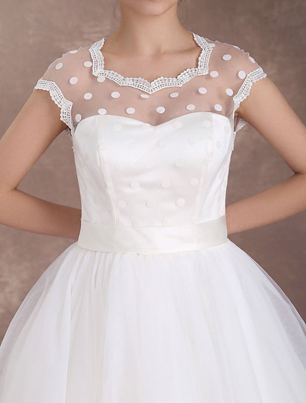 Ivory A Line Tea Length Wedding Reception Dress Polka Dot Short Wedding Dress
