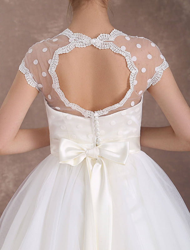 Ivory A Line Tea Length Wedding Reception Dress Polka Dot Short Wedding Dress