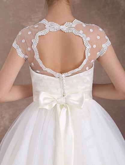 Ivory A Line Tea Length Wedding Reception Dress Polka Dot Short Wedding Dress