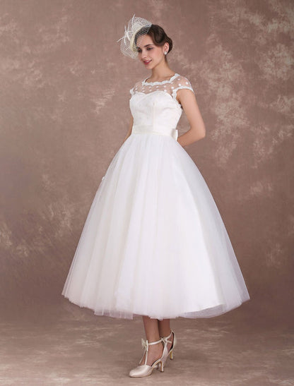Ivory A Line Tea Length Wedding Reception Dress Polka Dot Short Wedding Dress