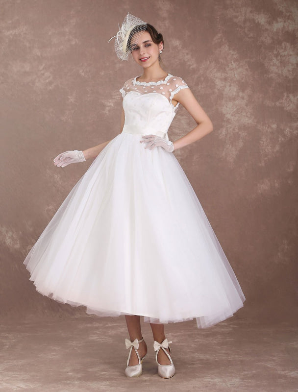 Ivory A Line Tea Length Wedding Reception Dress Polka Dot Short Wedding Dress