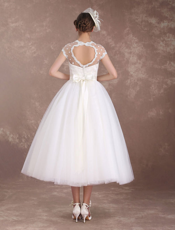 Ivory A Line Tea Length Wedding Reception Dress Polka Dot Short Wedding Dress