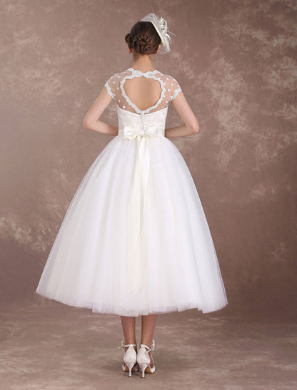 Ivory A Line Tea Length Wedding Reception Dress Polka Dot Short Wedding Dress