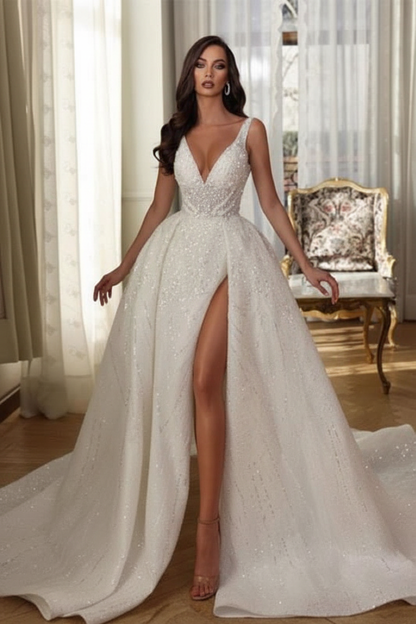 Aline Sleeveless Front Split Wedding Dress V-neck Sequins Bridal Dress