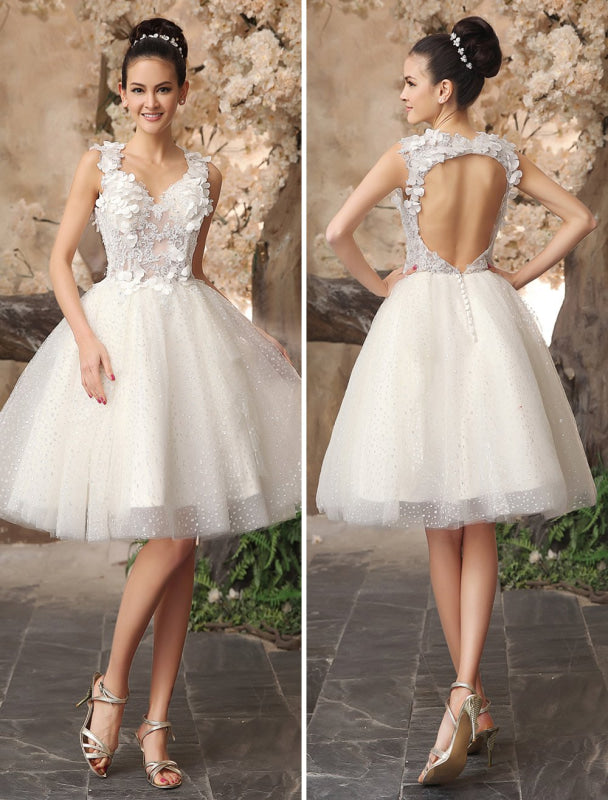 Ivory Backless Lace Applique Tulle Sequins Short Wedding Dress
