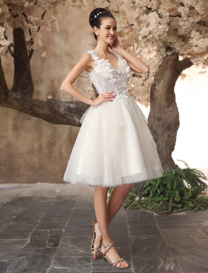 Ivory Backless Lace Applique Tulle Sequins Short Wedding Dress