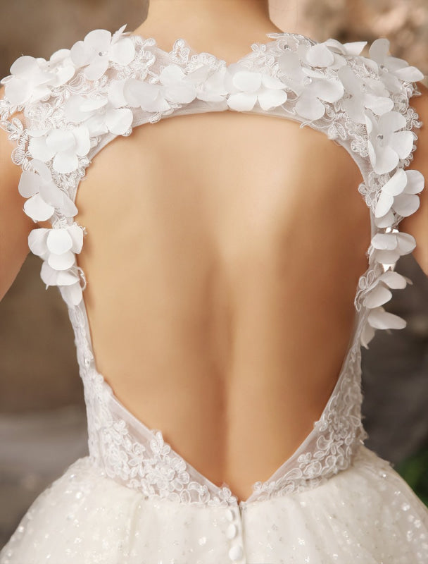 Ivory Backless Lace Applique Tulle Sequins Short Wedding Dress