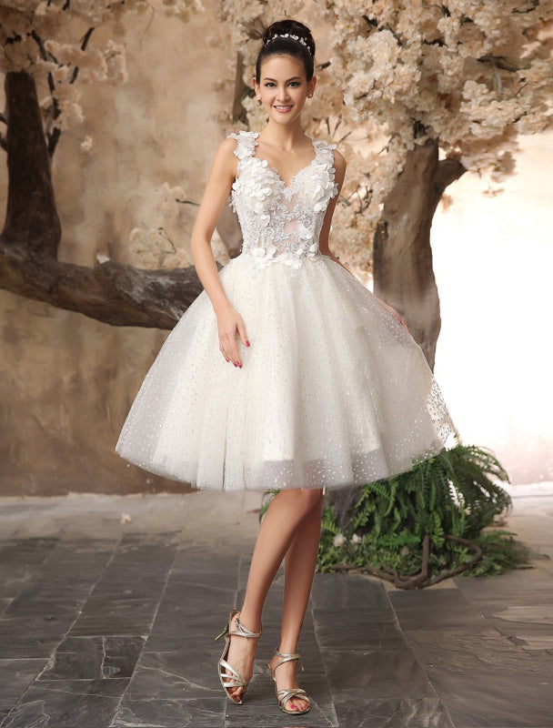 Ivory Backless Lace Applique Tulle Sequins Short Wedding Dress