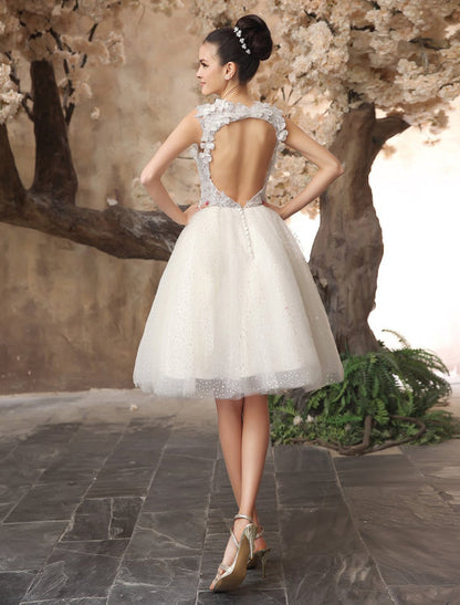 Ivory Backless Lace Applique Tulle Sequins Short Wedding Dress