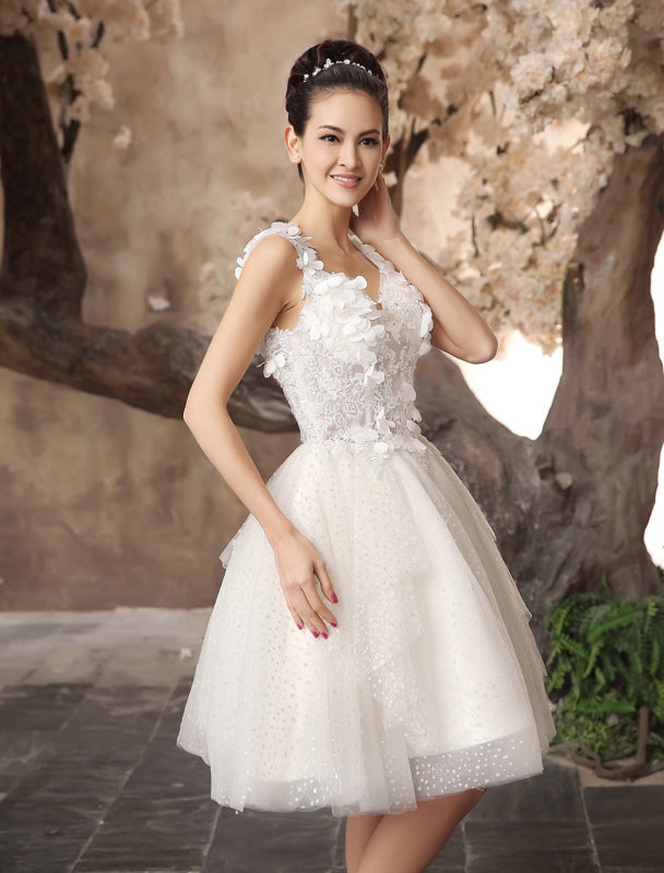 Ivory Backless Lace Applique Tulle Sequins Short Wedding Dress