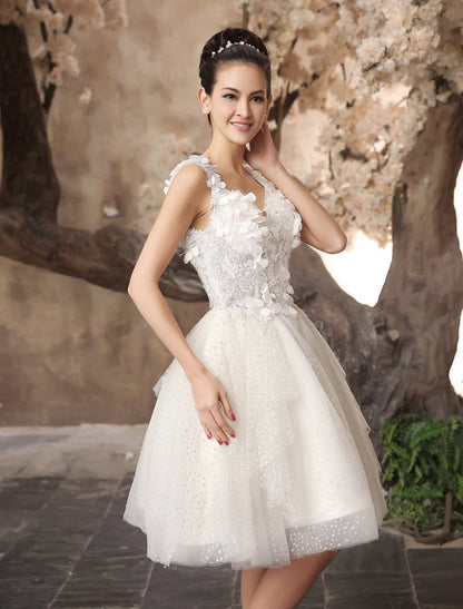 Ivory Backless Lace Applique Tulle Sequins Short Wedding Dress