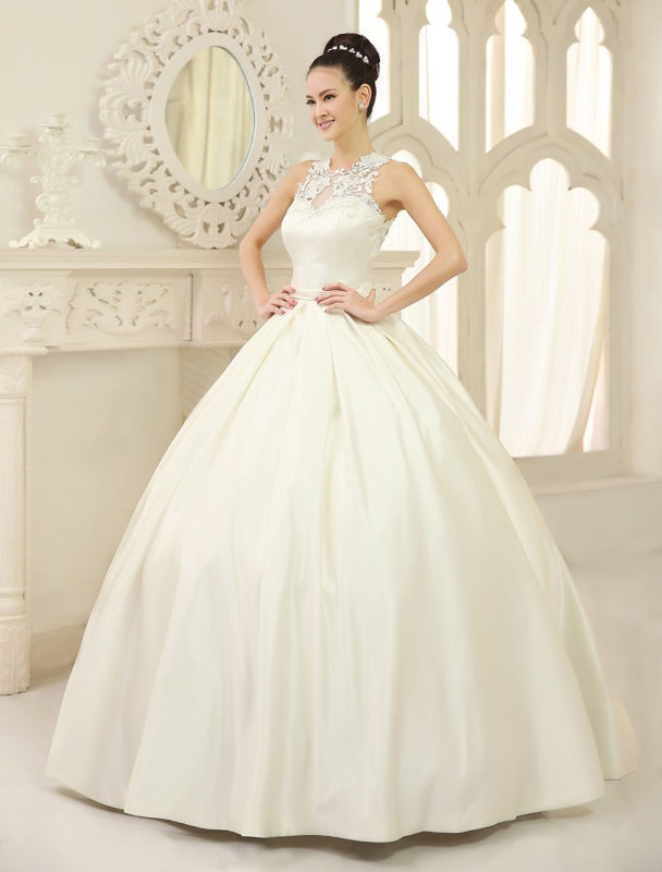 Ivory Ball Gown Jewel Neck Bow Floor-Length Satin Bridal Wedding Gown