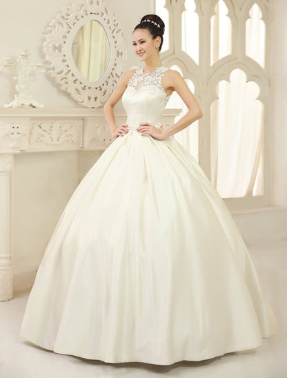 Ivory Ball Gown Jewel Neck Bow Floor-Length Satin Bridal Wedding Gown
