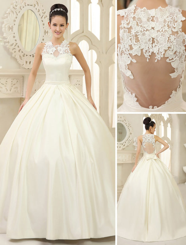 Ivory Ball Gown Jewel Neck Bow Floor-Length Satin Bridal Wedding Gown
