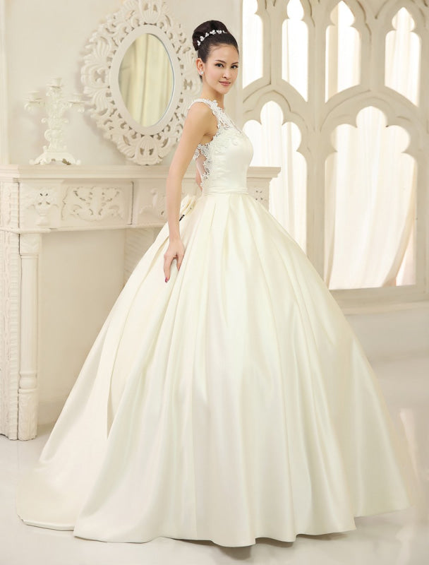 Ivory Ball Gown Jewel Neck Bow Floor-Length Satin Bridal Wedding Gown