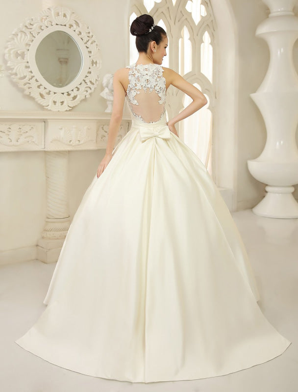 Ivory Ball Gown Jewel Neck Bow Floor-Length Satin Bridal Wedding Gown