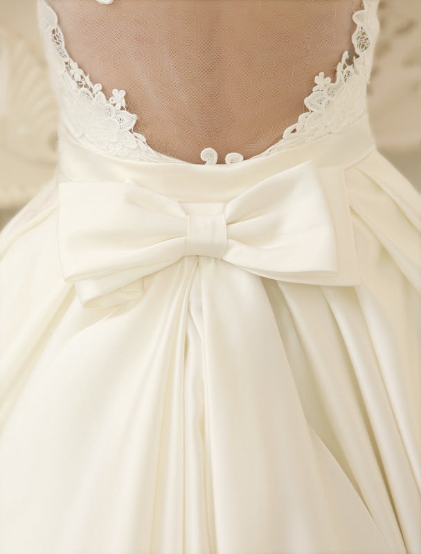 Ivory Ball Gown Jewel Neck Bow Floor-Length Satin Bridal Wedding Gown