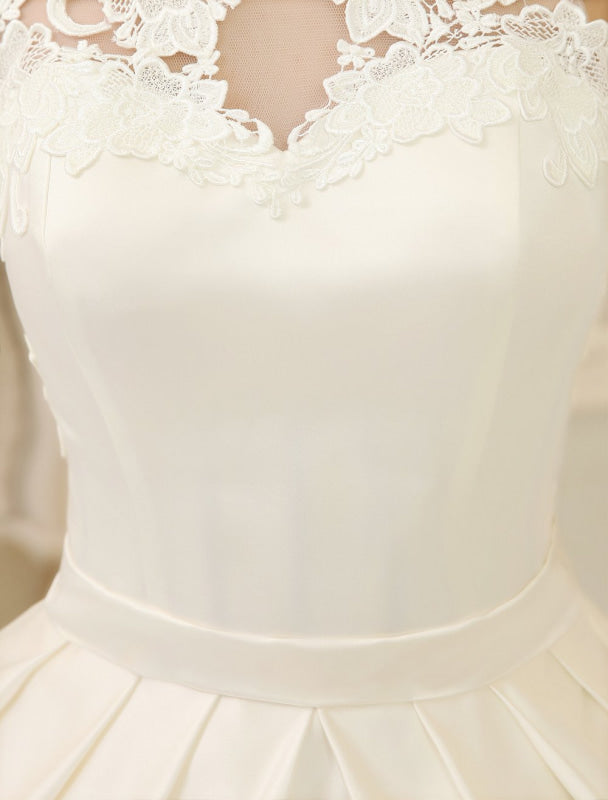 Ivory Ball Gown Jewel Neck Bow Floor-Length Satin Bridal Wedding Gown