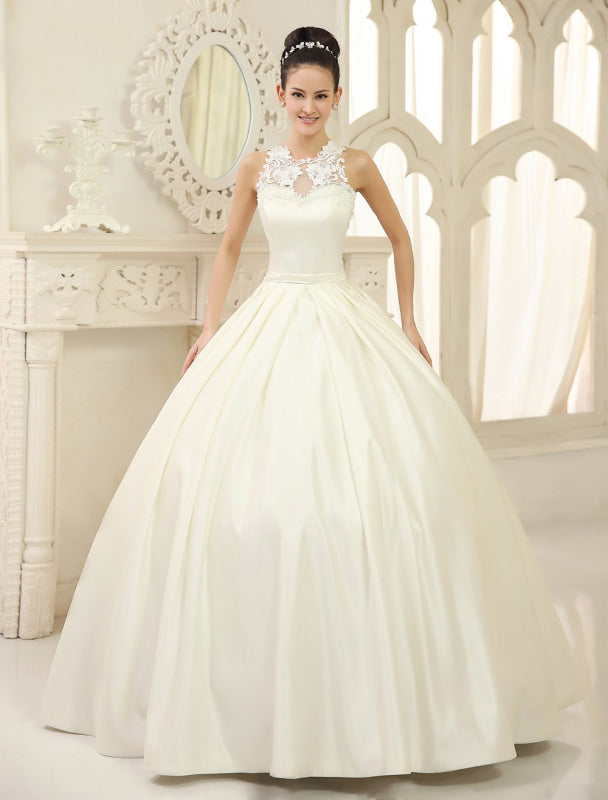 Ivory Ball Gown Jewel Neck Bow Floor-Length Satin Bridal Wedding Gown