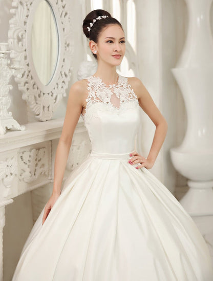 Ivory Ball Gown Jewel Neck Bow Floor-Length Satin Bridal Wedding Gown