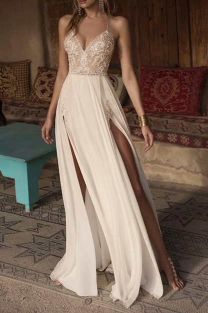 Bohemian Lace Wedding Dress V-Neck Beaded Backless Beach Bridal Gown with Double Slits