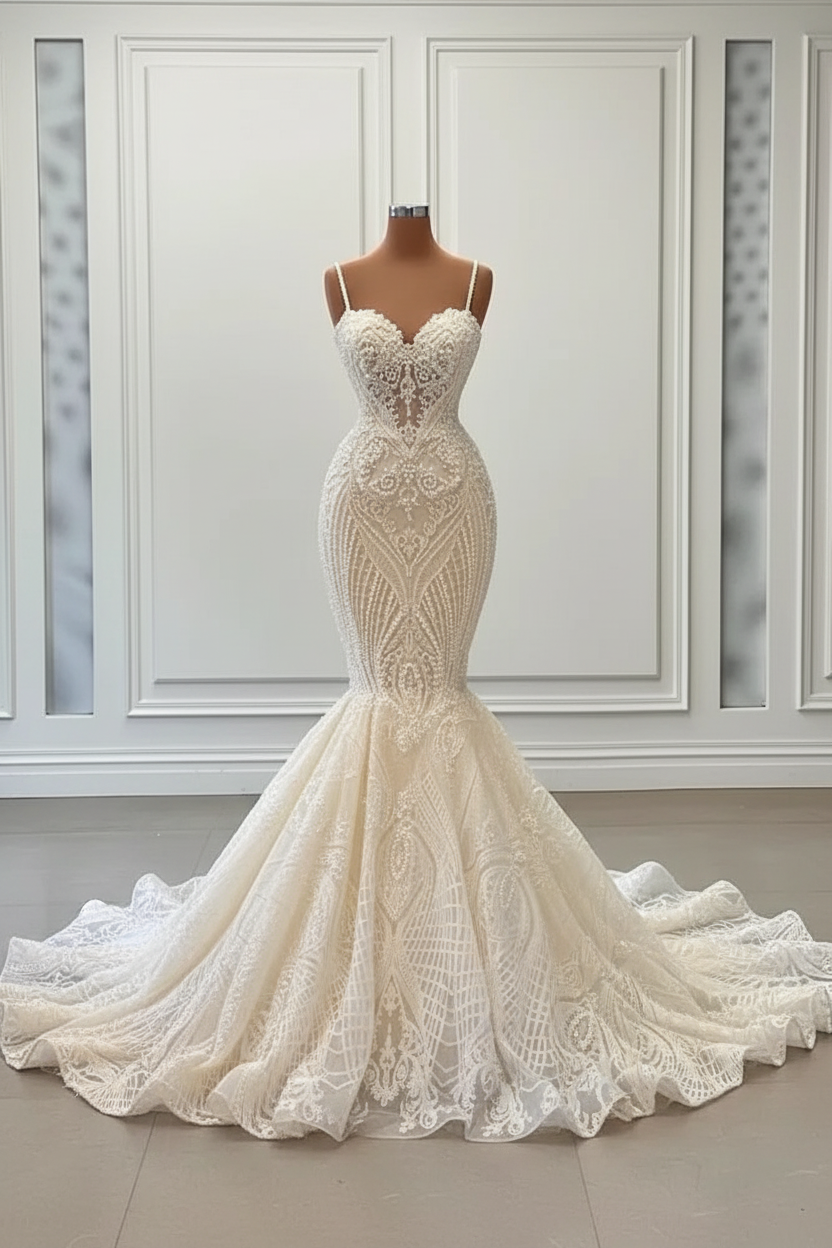 Charming Sleeveless Spaghetti Straps Mermaid Wedding Dress with Ruffles