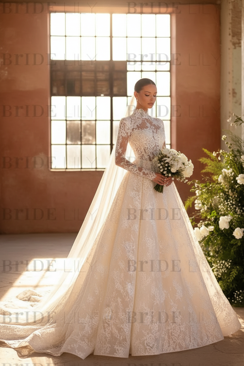 Elegant High Neck Long Sleeves  A-Line Appliques Lace Wedding Dress