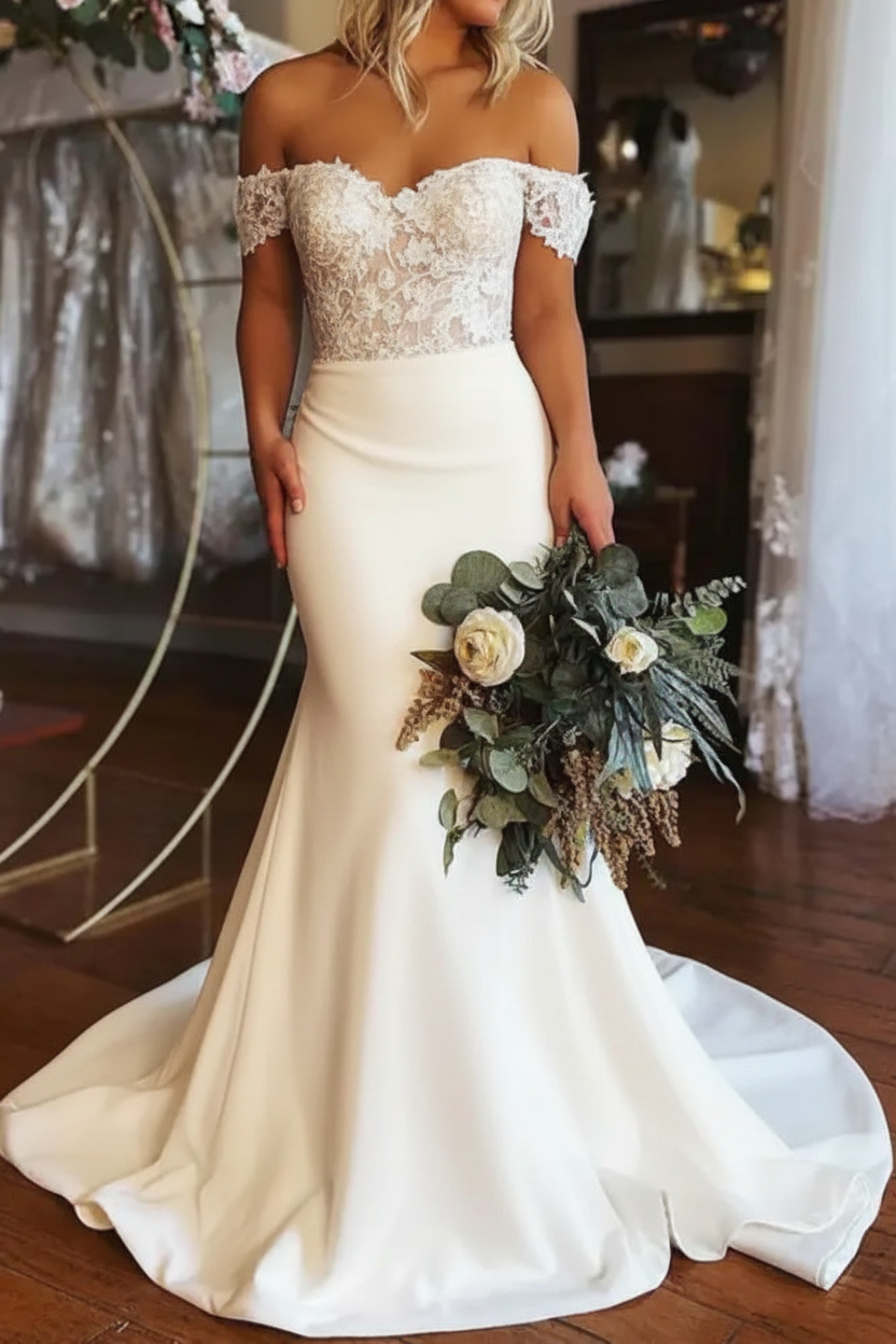 Elegant Off Shoulder Mermaid White Lace Long Wedding Dresses Formal Dresses