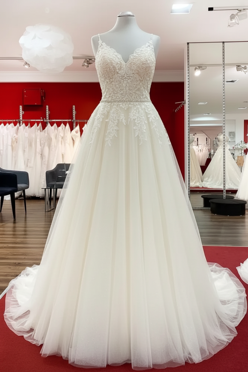 Elegant Tulle Lace A-line Wedding Dress V-neck with Spaghetti Straps