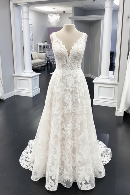 White Floral Lace Wedding Dress A Line V Neck Bridal Dress Sleeveless