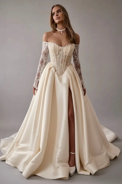 Gorgeous Off-the-Shoulder Satin Aline Wedding Dresses Front Split Long Sleeves Bridal Gown