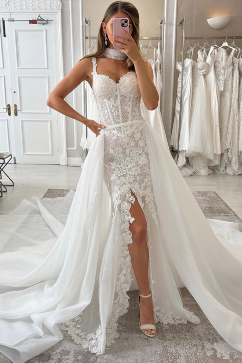 Gorgeous Tulle Lace Ivory Mermaid Wedding Dress Front Split with Detachable Train