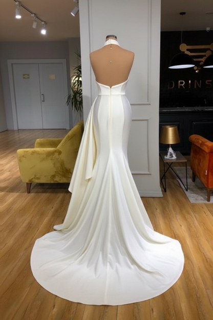Ivory Halter Neck Mermaid Evening Gown Ruffle Satin Prom Dress