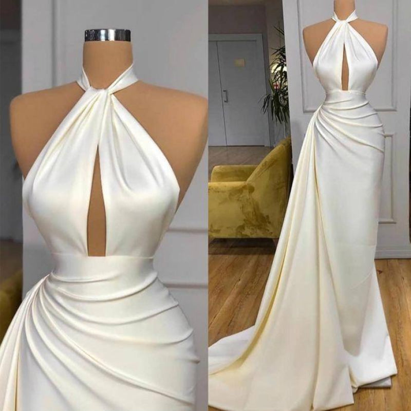 Ivory Halter Neck Mermaid Evening Gown Ruffle Satin Prom Dress