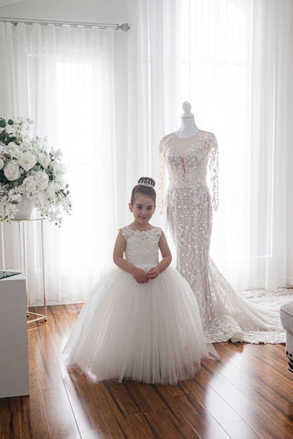 Ivory Jewel Sleeveless Flower Girl Dress with Tulle Appliques and Bow