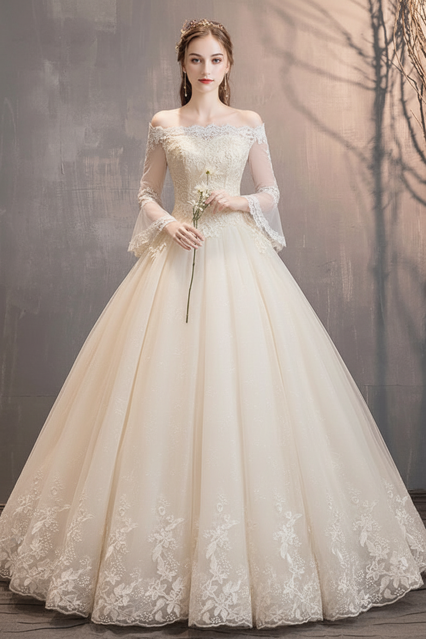 Lace Wedding Dresses Ivory Off The Shoulder Lace Applique Princess Bridal Gown