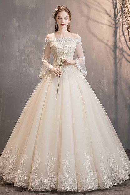 Lace Wedding Dresses Ivory Off The Shoulder Lace Applique Princess Bridal Gown