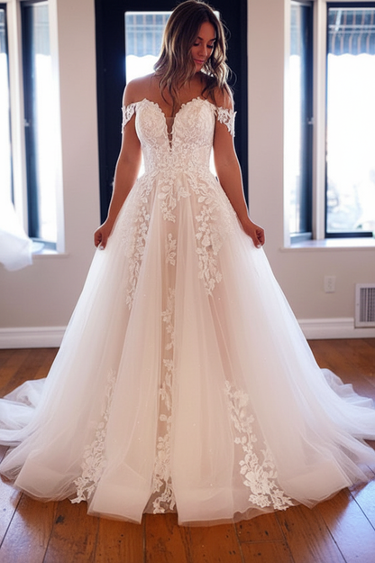 Off Shoulder White Lace Long Wedding Dresses with Train Tulle Aline Bridal Dresses