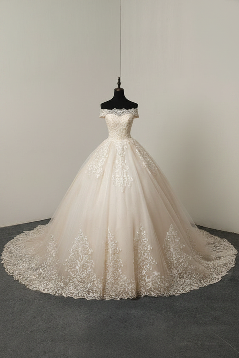 Off The Shoulder Ball Gown Wedding Dresses Short Sleeve Lace Applique Tulle Bridal Dress