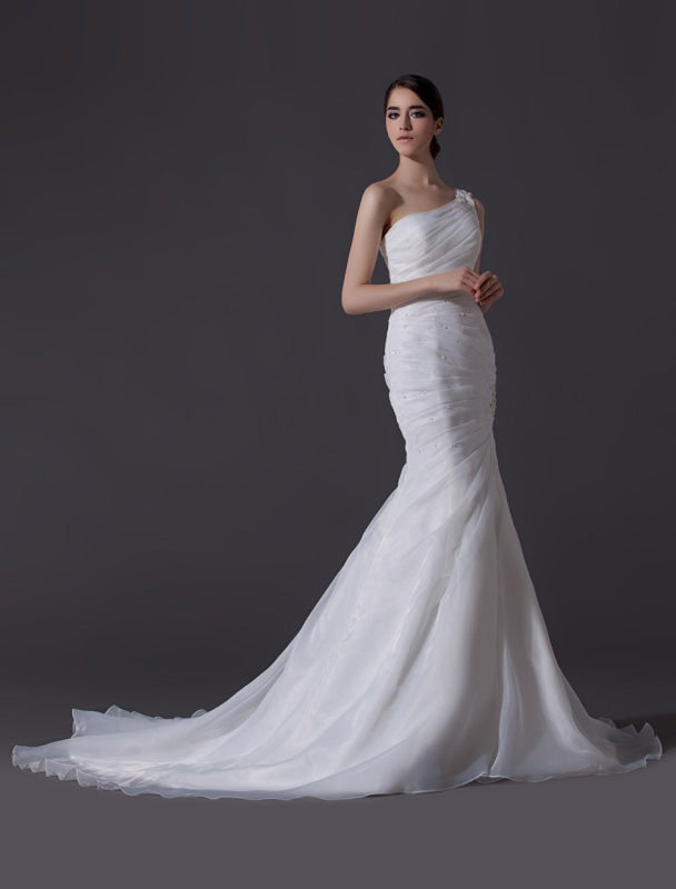 Ivory One-Shoulder Ruched Organza Mermaid Wedding Dress