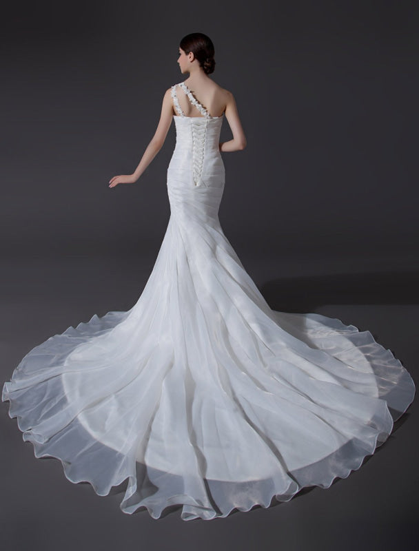 Ivory One-Shoulder Ruched Organza Mermaid Wedding Dress