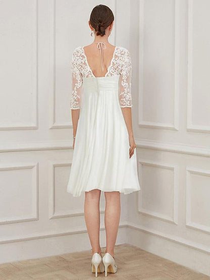 Ivory Short Wedding Dress Knee Length V Neck Half Sleeves A Line Natural Waist Chiffon Bridal Dresses