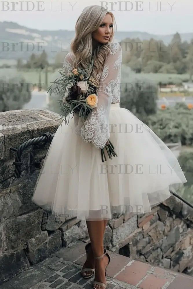 Blue Simple Wedding Dress A Line Designed Neckline Lace Tulle Bridal Gowns