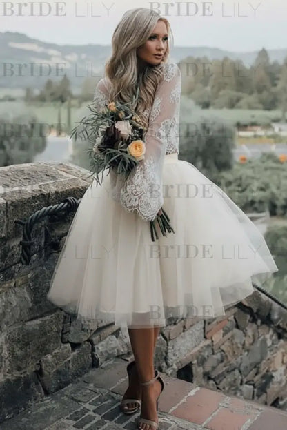 Blue Simple Wedding Dress A Line Designed Neckline Lace Tulle Bridal Gowns