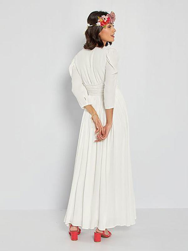 Ivory Simple Wedding Dress A-Line V-Neck Long Sleeves Pleated Floor-Length Chiffon Bridal Dresses