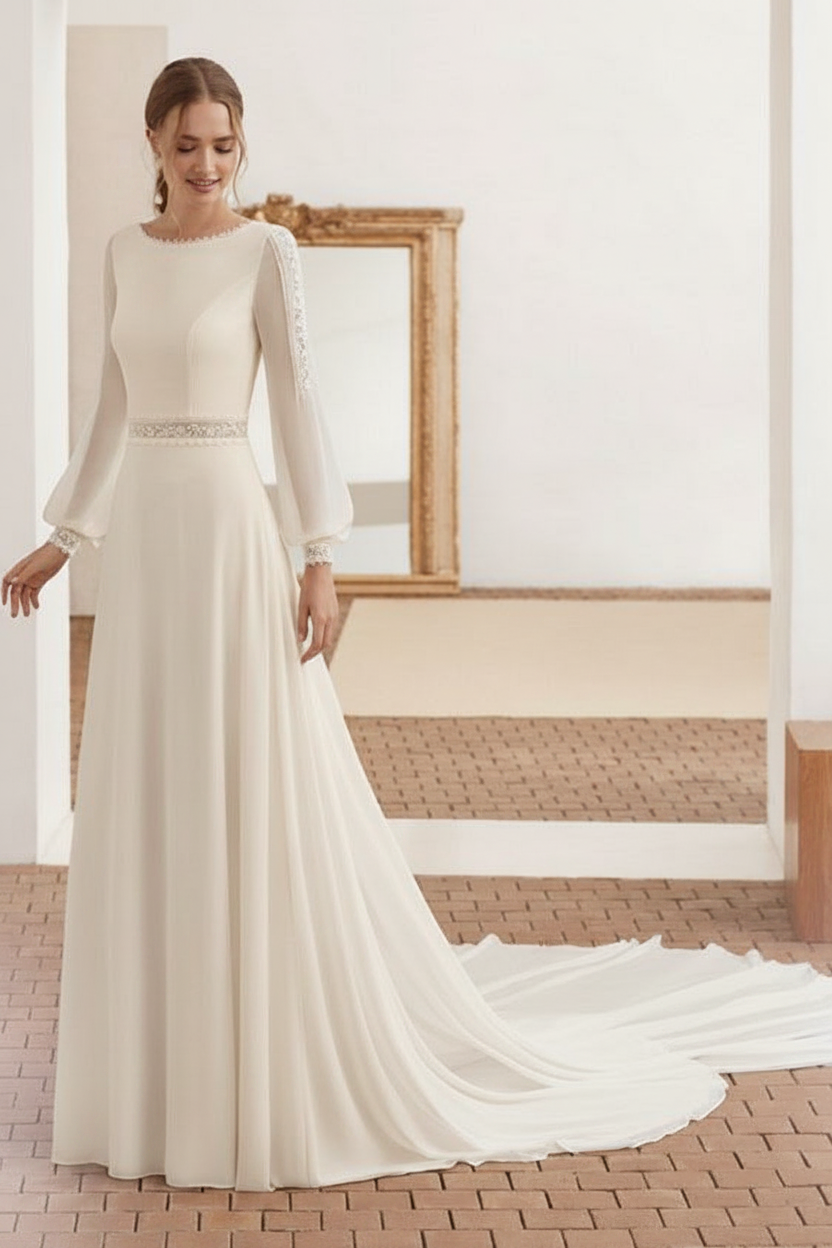 Simple Wedding Dress With Train Chiffon Halter Long Sleeves Lace A Line Bridal Dresses