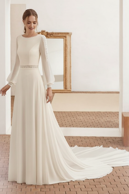 Simple Wedding Dress With Train Chiffon Halter Long Sleeves Lace A Line Bridal Dresses