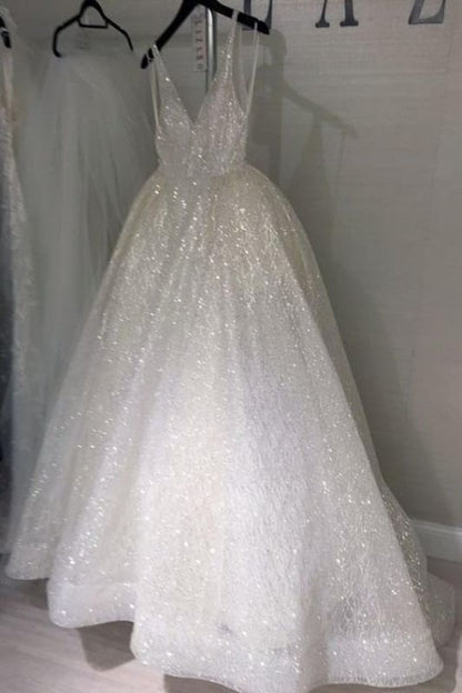 Ivory Sparkly V-neck Sleeveless Backless Floor-length Party Dress Prom Dresses