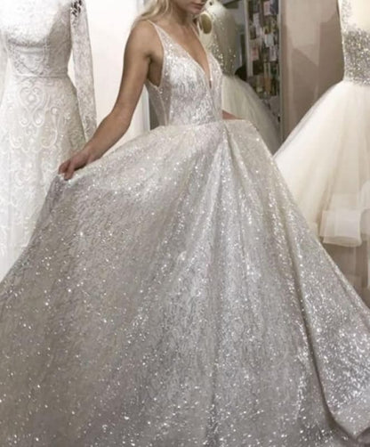 Ivory Sparkly V-neck Sleeveless Backless Floor-length Party Dress Prom Dresses