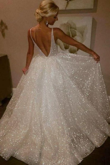 Ivory Sparkly V-neck Sleeveless Backless Floor-length Party Dress Prom Dresses